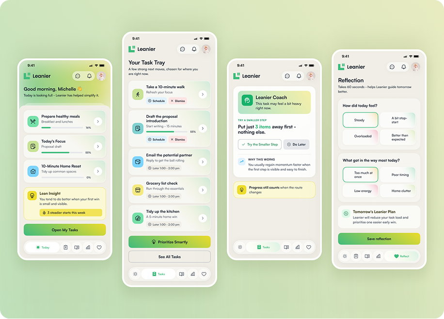 Leanier daily tasks, task tray, coaching, and reflection screens